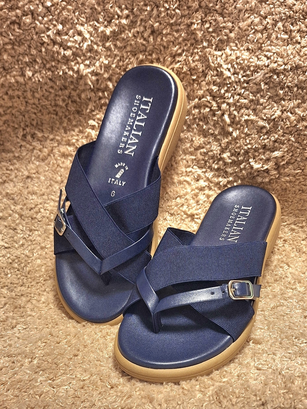 Italian Shoemakers Navy Crisscross Sandal with Tan Sole